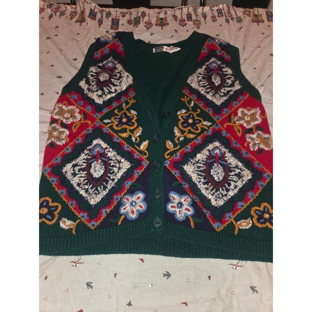 Lucia Petites Vintage Green Floral Embroidered Knit Sweater Vest Large Petite
